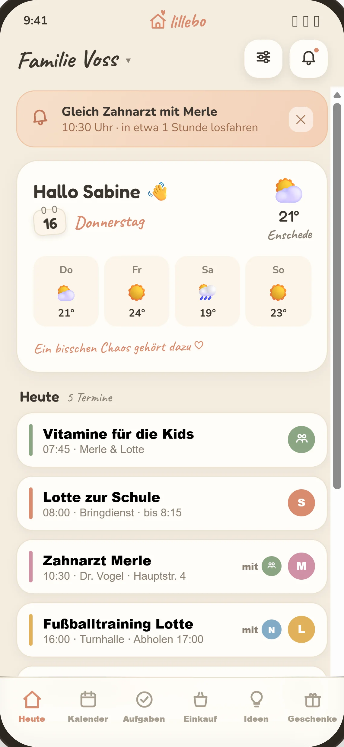 Lillebo-app: startscherm met afspraken, weer en weekoverzicht